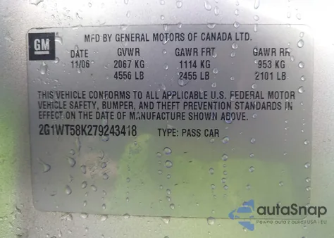 2007 Chevrolet Impala Lt z USA, uszkodzony, nr VIN 2G1WT58K279243418